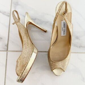 Jimmy Choo Gold Glitter Slingback Pumps Peep Toe Sz IT 42 / US 12